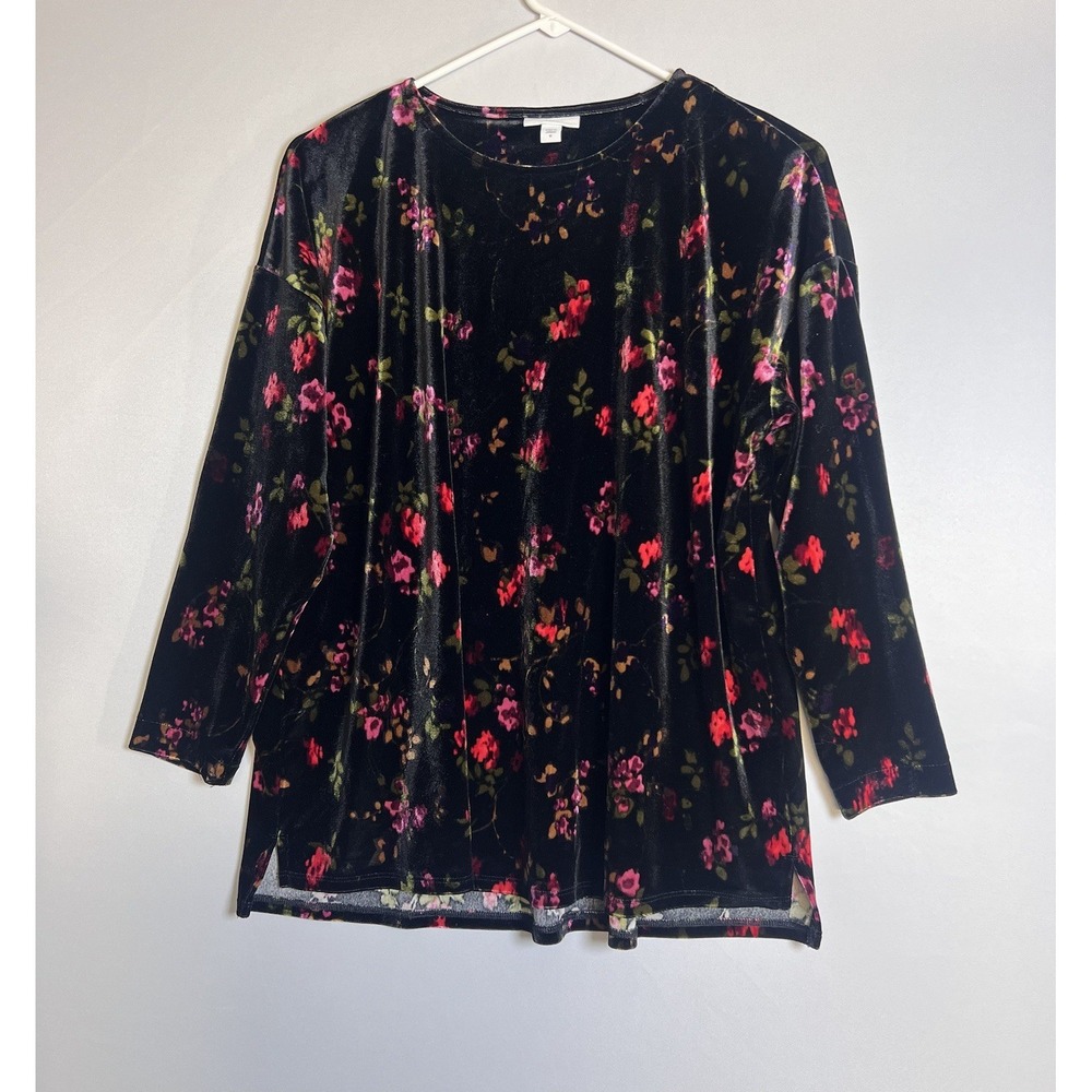 J.Jill Womens Sz Medium Black Floral Velvet Stretch Top Long Sleeve Blouse Soft